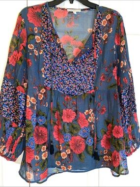 Pale Sky Blue Floral Peasant Blouse- Tie Neck- Smocked